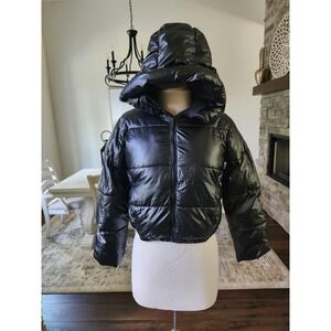 All in Motion Kids Black Shiny Puffer Jacket Water Wind Resistant Hooded L 10/12